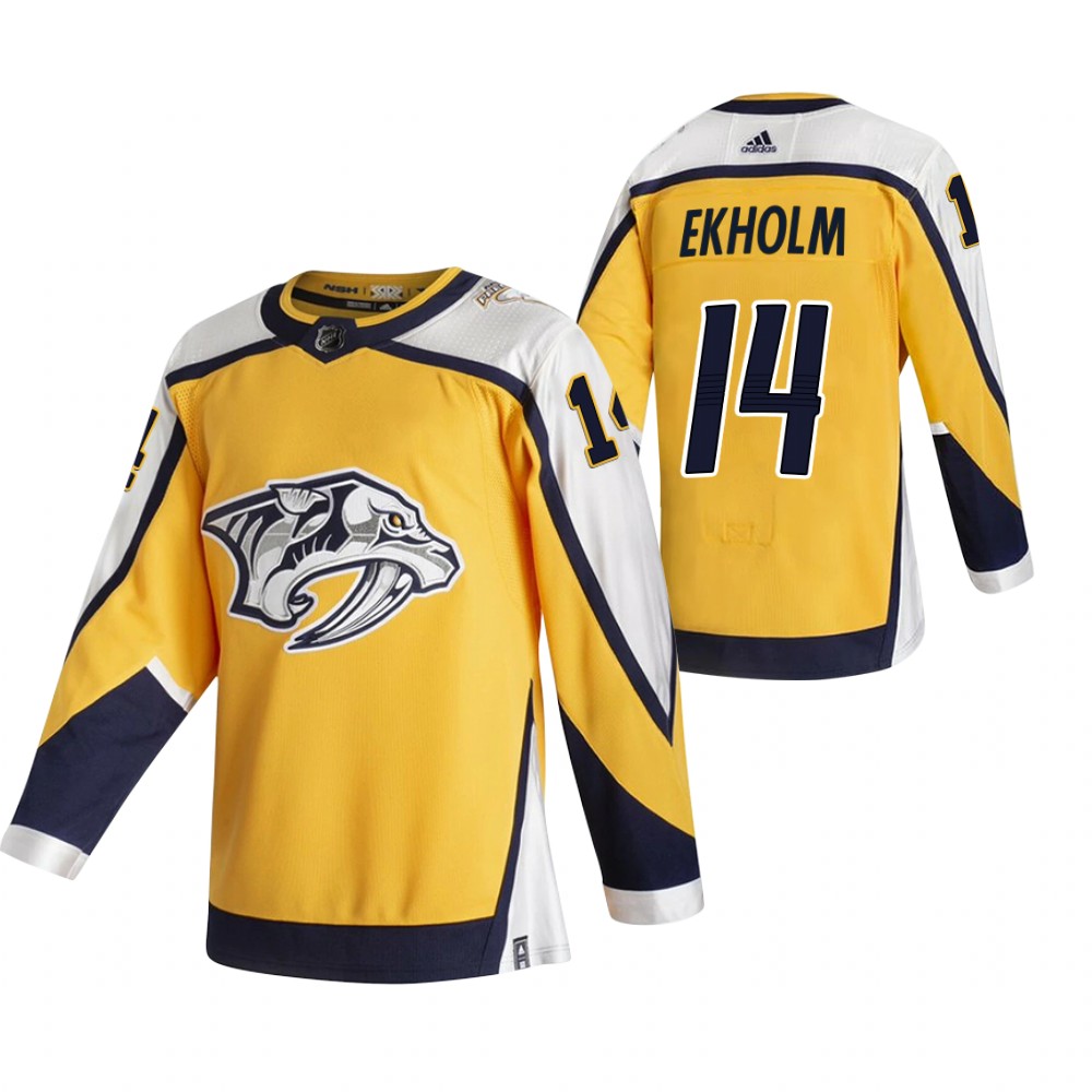 Personalized Nashville Predators #14 Mattias Ekholm Yellow Men’s 2020-21 Reverse Retro Alternate NHL Jersey