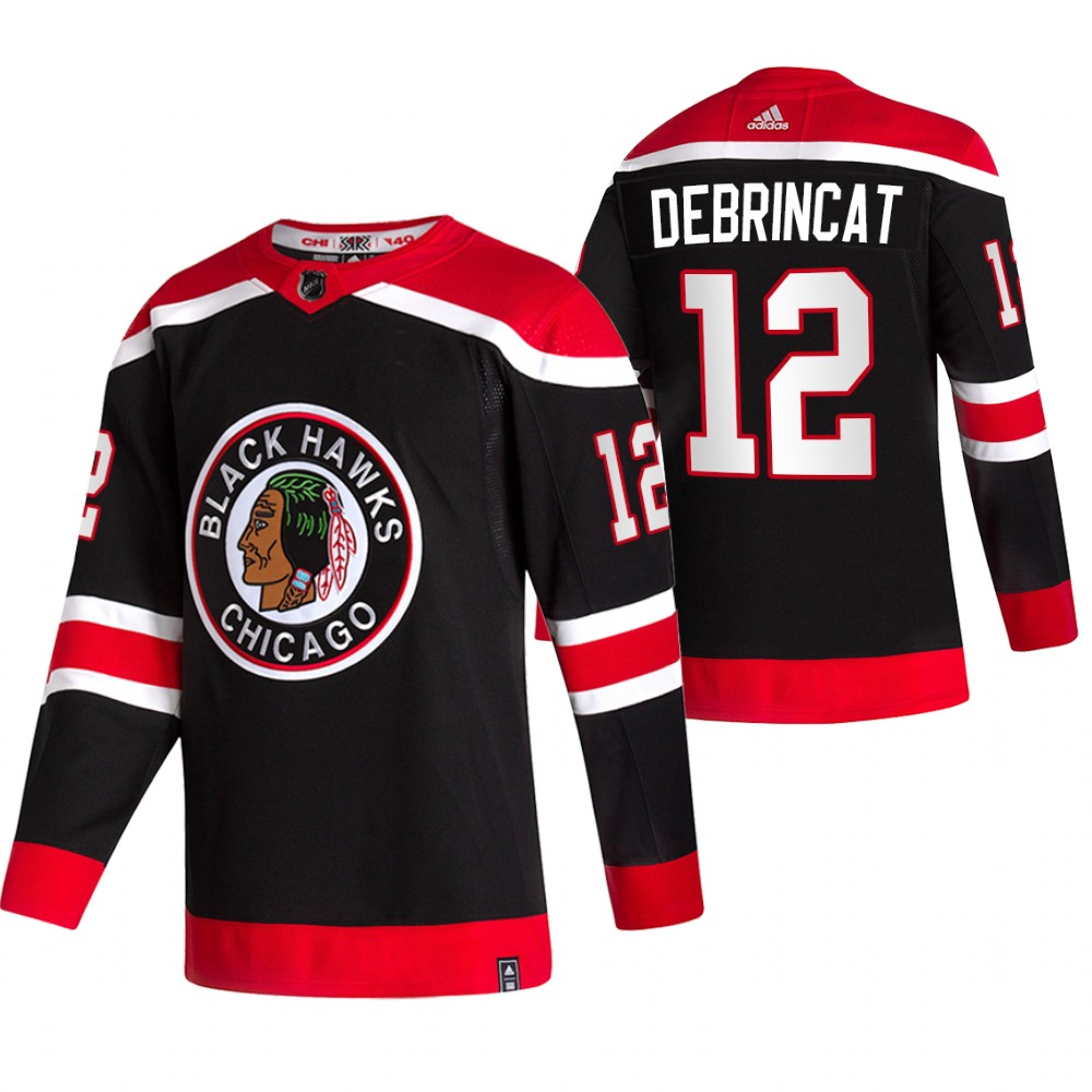 Personalized Chicago Blackhawks #12 Alex DeBrincat Black Men’s 2020-21 Reverse Retro Alternate NHL Jersey