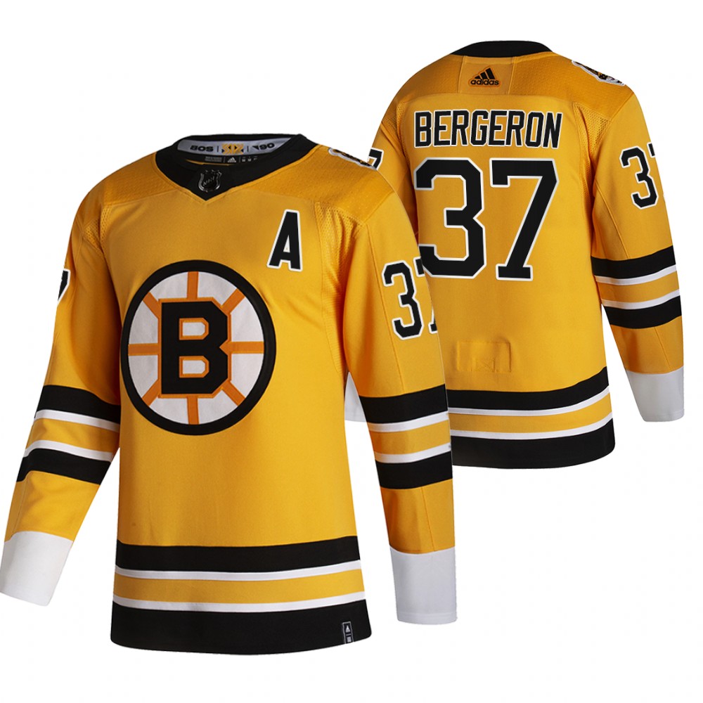 Personalized Boston Bruins #37 Patrice Bergeron Yellow Men’s 2020-21 Reverse Retro Alternate NHL Jersey