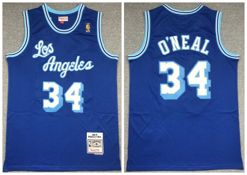 Personalized Lakers 34 Shaquille O’Neal Blue 1996-97 Hardwood Classics Mesh Jersey