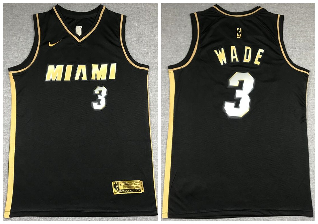 Personalized Heat 3 Dwyane Wade Black Gold 2021 Swingman Jersey
