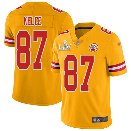Personalized Chiefs #87 Travis Kelce Gold Youth Super Bowl LV Bound Stitched NFL Limited Inverted Legend Jersey