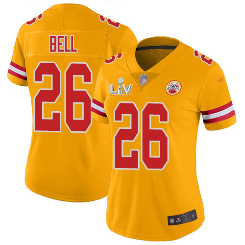 Personalized Chiefs #26 Le’Veon Bell Gold Women’s Super Bowl LV Bound Stitched NFL Limited Inverted Legend Jersey