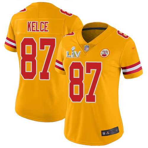 Personalized Chiefs #87 Travis Kelce Gold Women’s Super Bowl LV Bound Stitched NFL Limited Inverted Legend Jersey