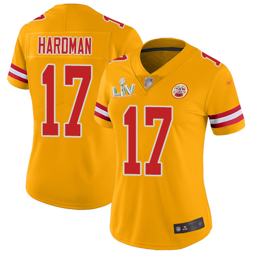 Personalized Chiefs #17 Mecole Hardman Gold Women’s Super Bowl LV Bound Stitched NFL Limited Inverted Legend Jersey
