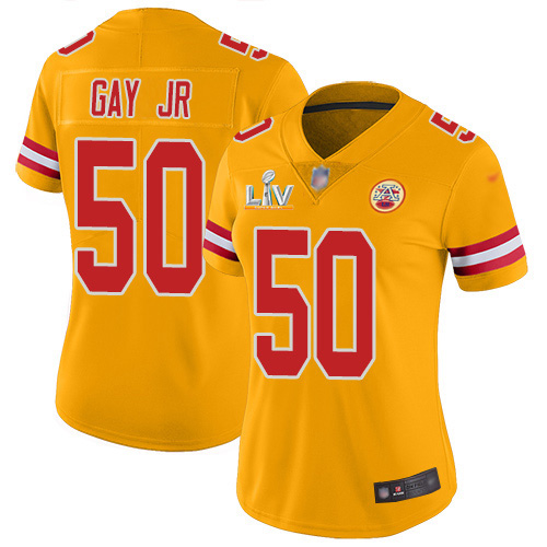 Personalized Chiefs #50 Willie Gay Jr. Gold Women’s Super Bowl LV Bound Stitched NFL Limited Inverted Legend Jersey