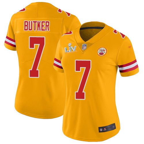 Personalized Chiefs #7 Harrison Butker Gold Women’s Super Bowl LV Bound Stitched NFL Limited Inverted Legend Jersey