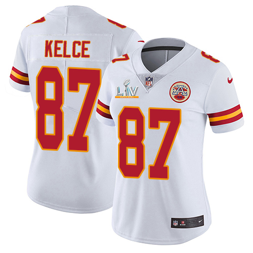 Personalized Chiefs #87 Travis Kelce White Women’s Super Bowl LV Bound Stitched NFL Untouchable Limited Jersey