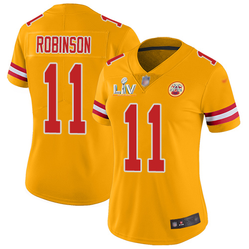 Personalized Chiefs #11 Demarcus Robinson Gold Women’s Super Bowl LV Bound Stitched NFL Limited Inverted Legend Jersey