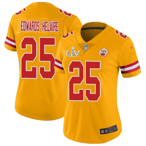 Personalized Chiefs #25 Clyde Edwards-Helaire Gold Women’s Super Bowl LV Bound Stitched NFL Limited Inverted Legend Jersey