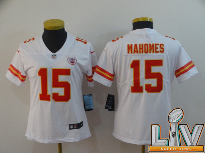Personalized Cheap Super Bowl LV 2021 Women Kansas City Chiefs 15 Mahomes White Untouchable Limited Player NFL Jerseys