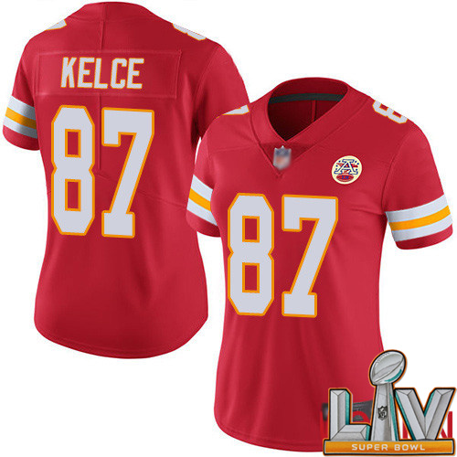 Personalized Cheap Super Bowl LV 2021 Women Kansas City Chiefs 87 Kelce Travis Red Team Color Untouchable Limited Player Football NFL Jersey