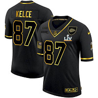 Personalized Men’s Kansas City Chiefs Travis Kelce Black Gold Salute To Service 2021 Super Bowl LV Jersey