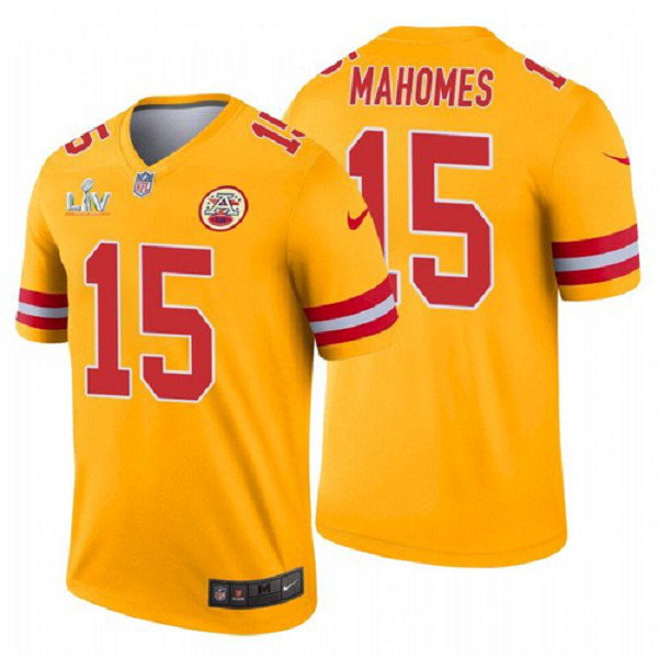 Personalized Men’s Kansas City Chiefs #15 Patrick Mahomes II Inverted Gold 2021 Super Bowl LV Jersey