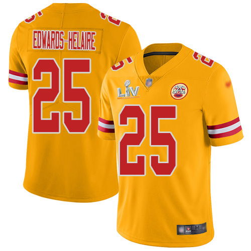 Personalized Chiefs #25 Clyde Edwards-Helaire Gold Men’s Super Bowl LV Bound Stitched NFL Limited Inverted Legend Jersey