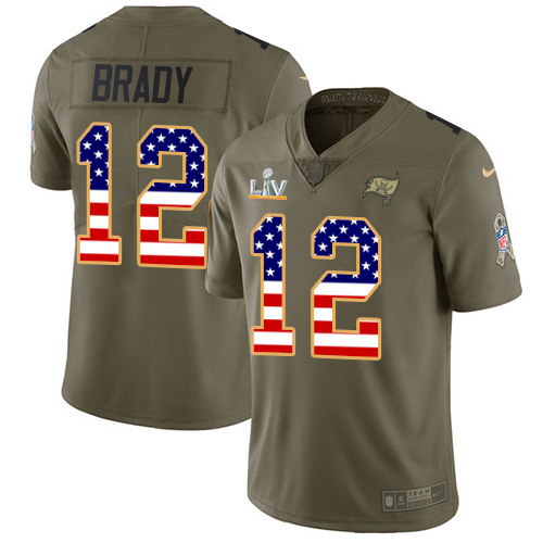 Personalized Buccaneers #12 Tom Brady Olive USA Flag Men’s Super Bowl LV Bound Stitched NFL Limited 2017 Salute To Service Jersey