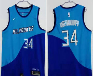 Personalized Men’s Milwaukee Bucks #34 Giannis Antetokounmpo Blue 2021 Swingman Stitched NBA Jersey