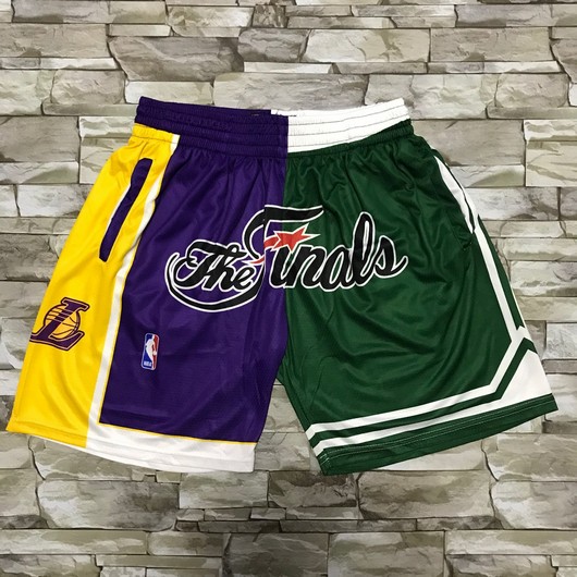 Personalized Men’s Los Angeles Lakers and Boston Celtics Purle With Green 2008 The Finals Patch Split Hardwood Classics Soul Swingman Throwback Shorts