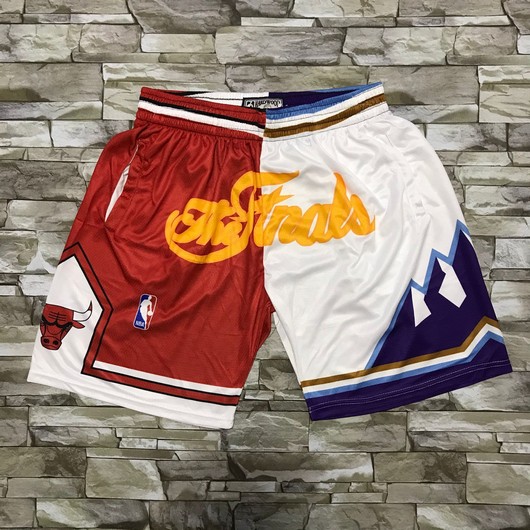 Personalized Men’s Chicago Bulls and Utah Jazz Red With White 1997 The Finals Patch Split Hardwood Classics Soul Swingman Throwback Shorts