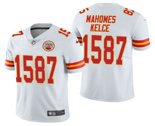 Personalized Men’s Kansas City Chiefs #15 Patrick Mahomes #87 Travis Kelce CP Player White Untouchable Stitched Limited NFL Jersey