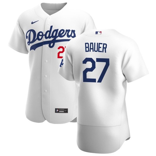 Personalized Men’s Dodgers #27 Trevor Bauer White Home Flex Base Jersey Stitched 2021