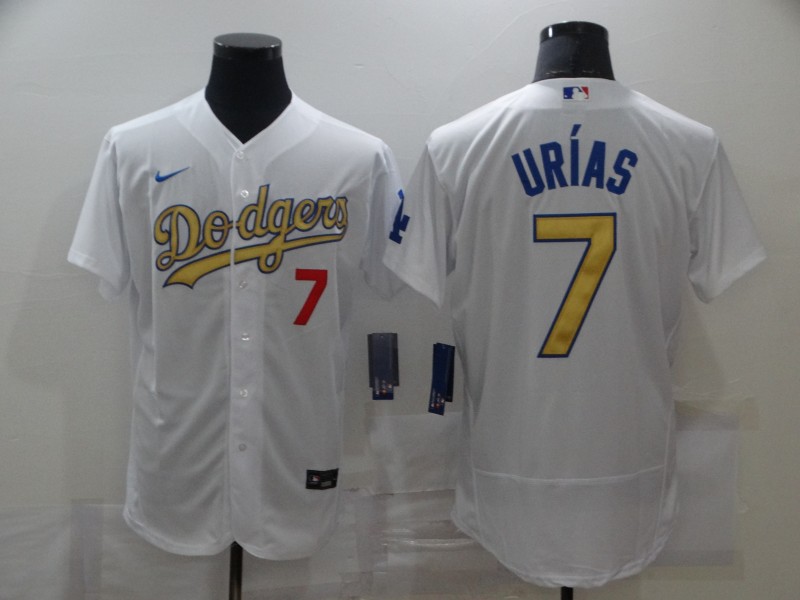 Personalized Men’s Los Angeles Dodgers #7 Julio Urias 2020 White Gold Sttiched MLB Jersey