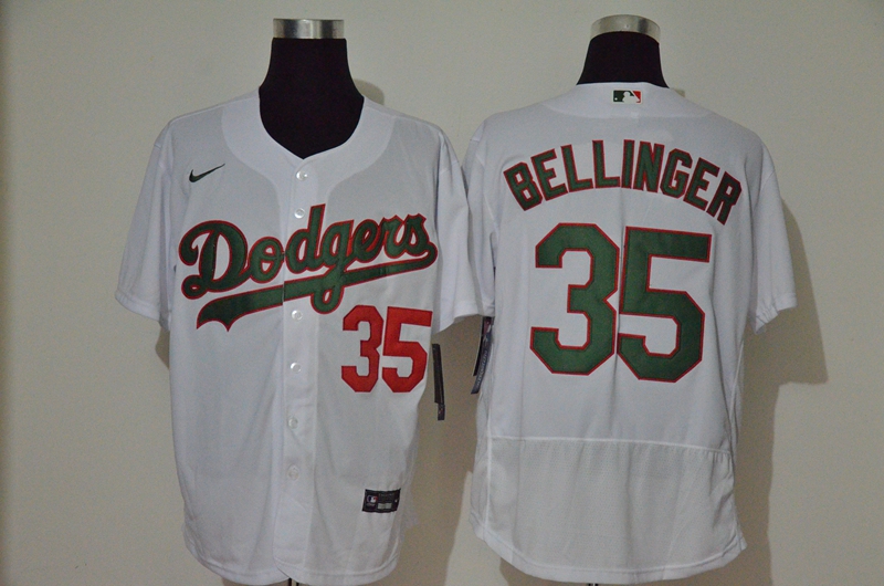 Personalized Men’s Los Angeles Dodgers #35 Cody Bellinger White With Green Name Stitched MLB Flex Base Jersey