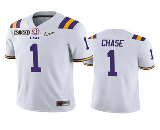 Personalized Men’s LSU Tigers #1 Ja’Marr Chase White 2020 National Championship Game Jersey