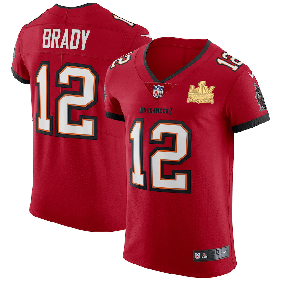 Personalized Tampa Bay Buccaneers #12 Tom Brady Men’s Super Bowl LV Champions Patch Red Elite Jersey