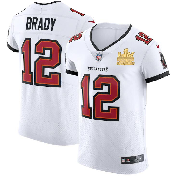 Personalized Tampa Bay Buccaneers #12 Tom Brady Men’s Super Bowl LV Champions Patch White Elite Jersey