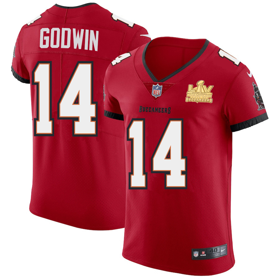 Personalized Tampa Bay Buccaneers #14 Chris Godwin Men’s Super Bowl LV Champions Patch Red Elite Jersey