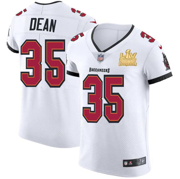 Personalized Tampa Bay Buccaneers #35 Jamel Dean Men’s Super Bowl LV Champions Patch White Elite Jersey