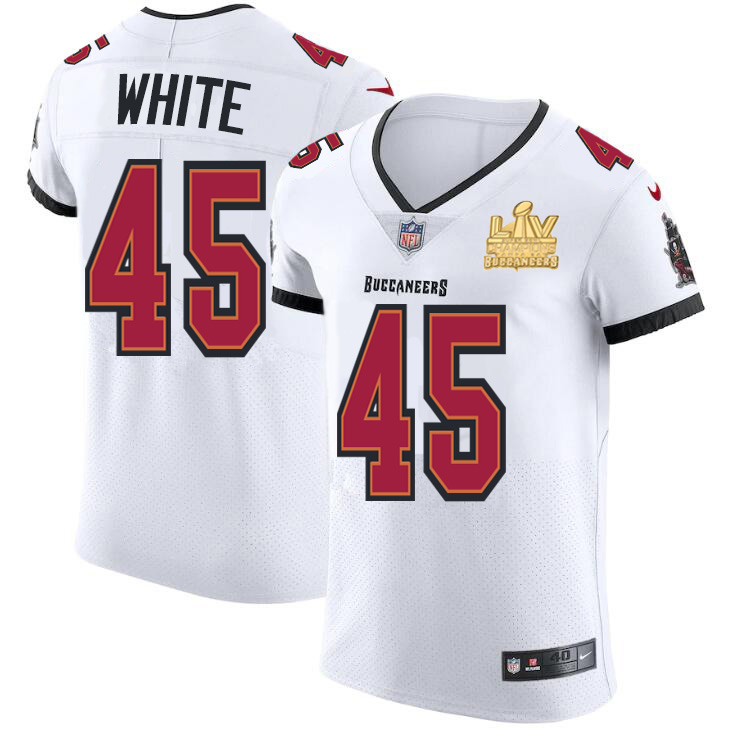Personalized Tampa Bay Buccaneers #45 Devin White Men’s Super Bowl LV Champions Patch White Elite Jersey