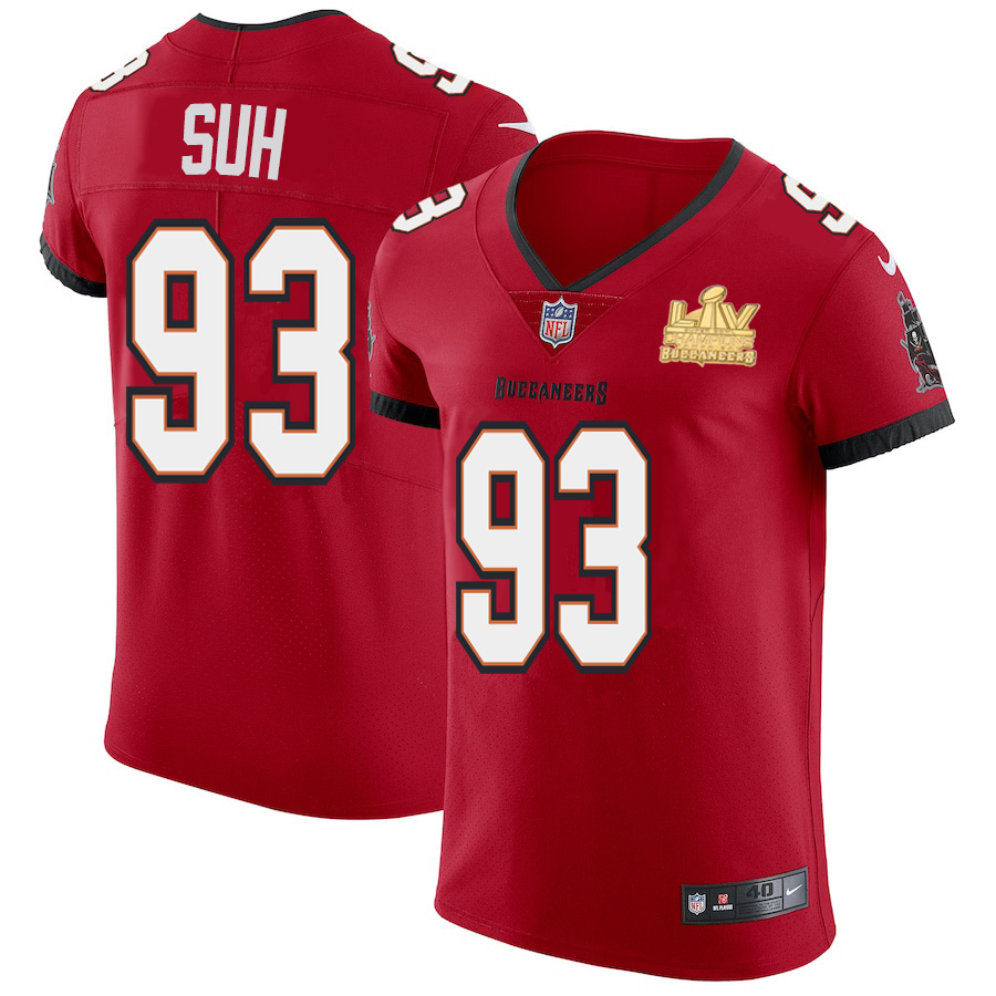 Personalized Tampa Bay Buccaneers #93 Ndamukong Suh Men’s Super Bowl LV Champions Patch Red Elite Jersey