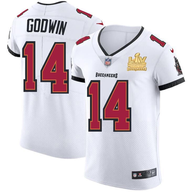 Personalized Tampa Bay Buccaneers #14 Chris Godwin Men’s Super Bowl LV Champions Patch White Elite Jersey