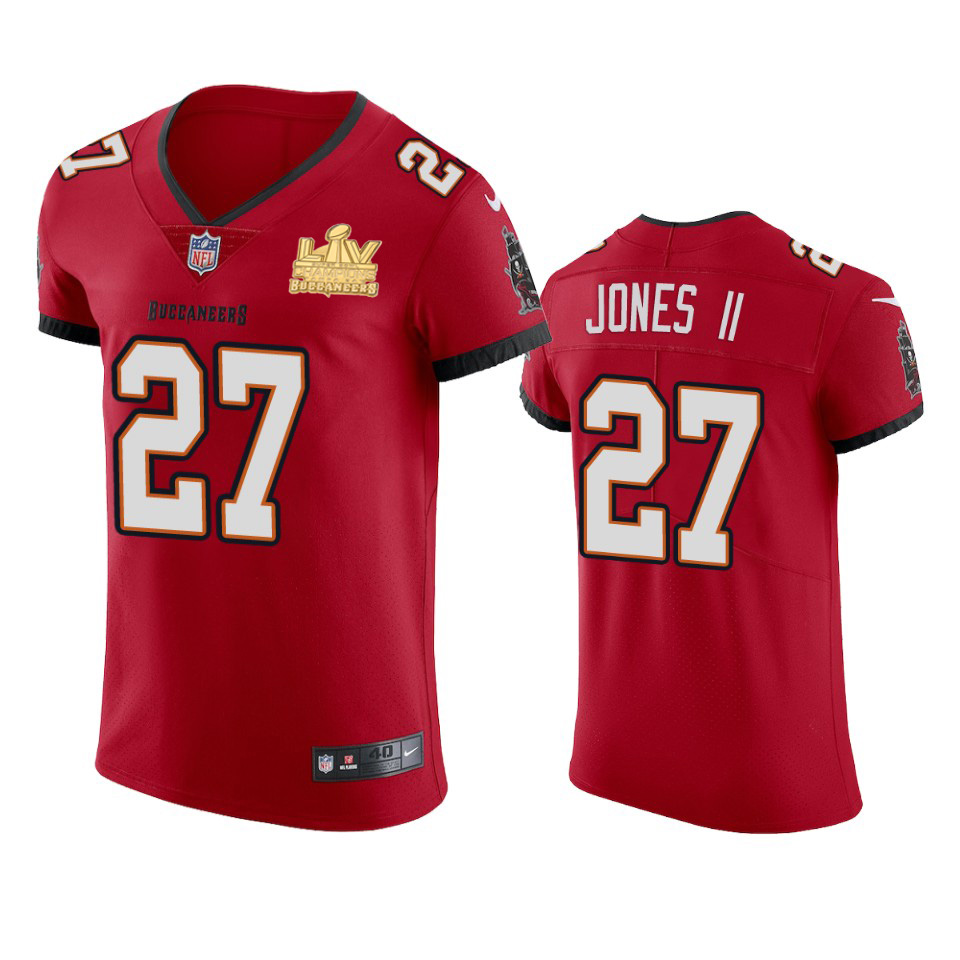 Personalized Tampa Bay Buccaneers #27 Ronald Jones II Men’s Super Bowl LV Champions Patch Red Elite Jersey