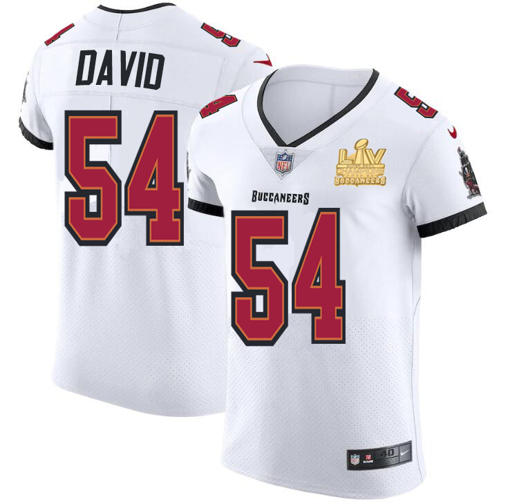 Personalized Tampa Bay Buccaneers #54 Lavonte David Men’s Super Bowl LV Champions Patch White Elite Jersey
