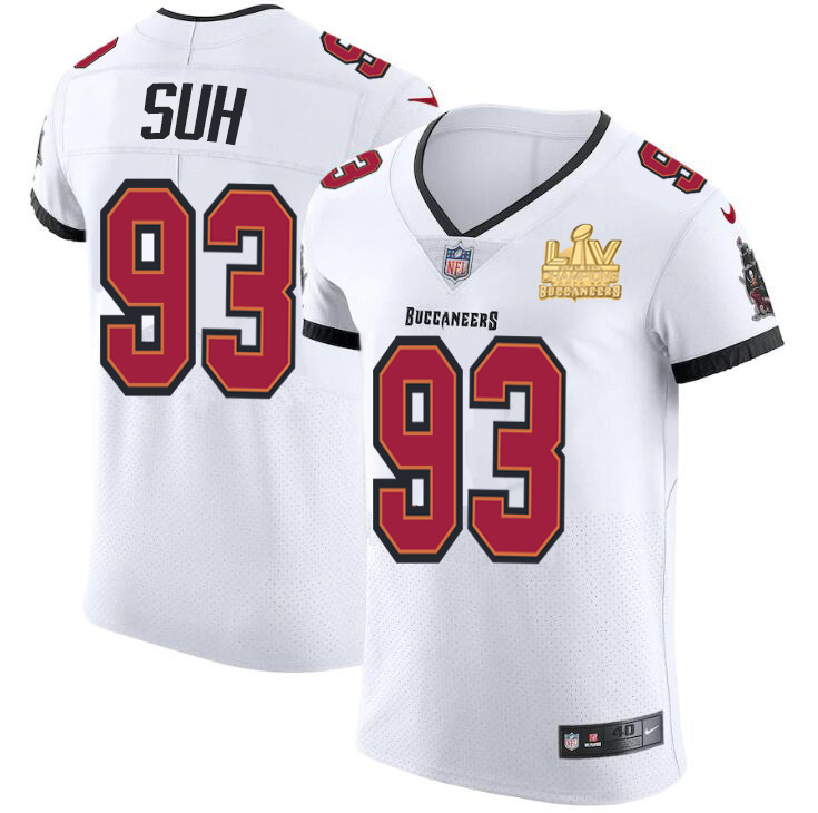 Personalized Tampa Bay Buccaneers #93 Ndamukong Suh Men’s Super Bowl LV Champions Patch White Elite Jersey