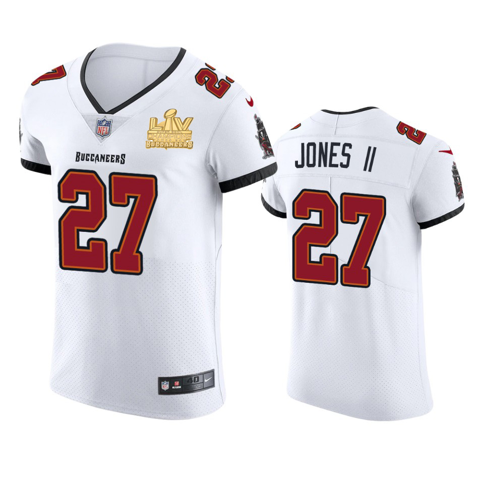 Personalized Tampa Bay Buccaneers #27 Ronald Jones II Men’s Super Bowl LV Champions Patch White Elite Jersey