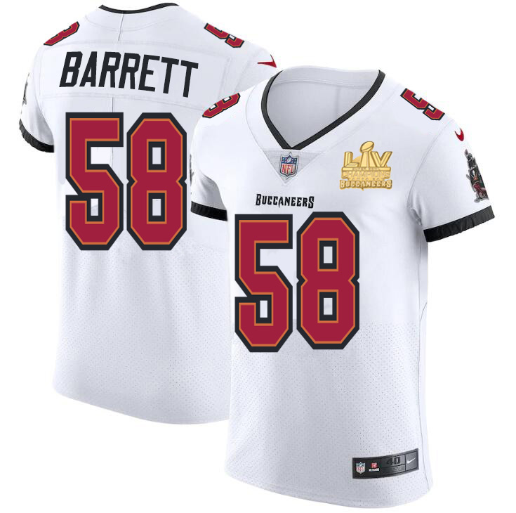 Personalized Tampa Bay Buccaneers #58 Shaquil Barrett Men’s Super Bowl LV Champions Patch White Elite Jersey