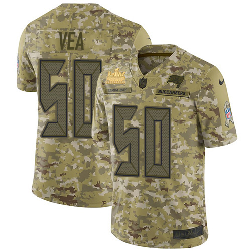 Personalized Buccaneers #50 Vita Vea Camo Men’s Super Bowl LV Champions Patch Stitched NFL Limited 2018 Salute To Service Jersey