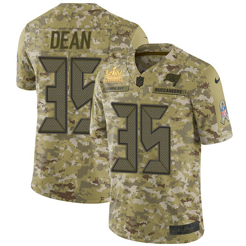 Personalized Buccaneers #35 Jamel Dean Camo Men’s Super Bowl LV Champions Patch Stitched NFL Limited 2018 Salute To Service Jersey