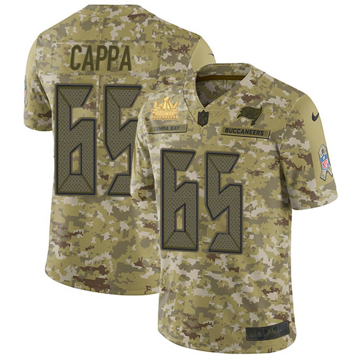 Personalized Buccaneers #65 Alex Cappa Camo Men’s Super Bowl LV Champions Patch Stitched NFL Limited 2018 Salute To Service Jersey