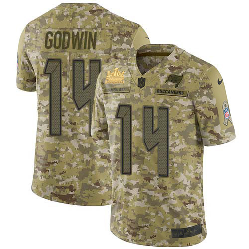 Personalized Buccaneers #14 Chris Godwin Camo Men’s Super Bowl LV Champions Patch Stitched NFL Limited 2018 Salute To Service Jersey