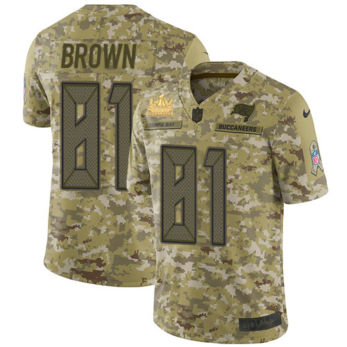 Personalized Buccaneers #81 Antonio Brown Camo Men’s Super Bowl LV Champions Patch Stitched NFL Limited 2018 Salute To Service Jersey