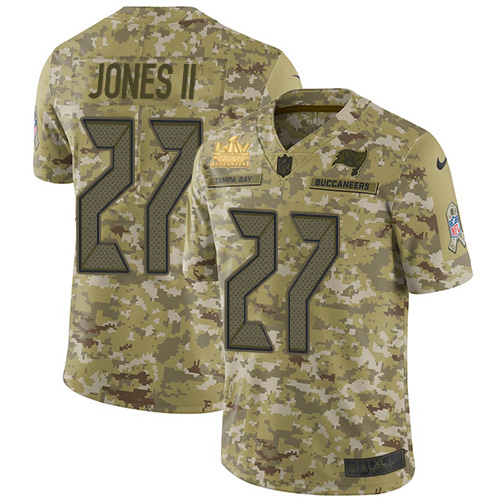 Personalized Buccaneers #27 Ronald Jones II Camo Men’s Super Bowl LV Champions Patch Stitched NFL Limited 2018 Salute To Service Jersey