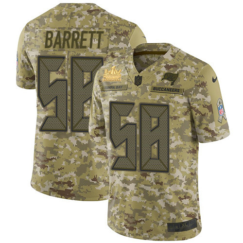 Personalized Buccaneers #58 Shaquil Barrett Camo Men’s Super Bowl LV Champions Patch Stitched NFL Limited 2018 Salute To Service Jersey