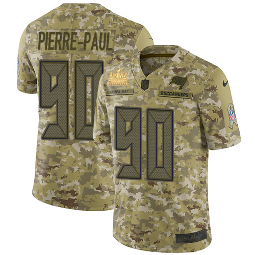 Personalized Buccaneers #90 Jason Pierre-Paul Camo Men’s Super Bowl LV Champions Patch Stitched NFL Limited 2018 Salute To Service Jersey