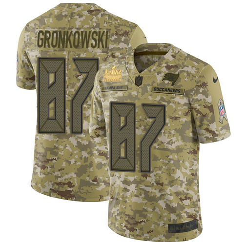 Personalized Buccaneers #87 Rob Gronkowski Suh Camo Men’s Super Bowl LV Champions Patch Stitched NFL Limited 2018 Salute To Service Jersey