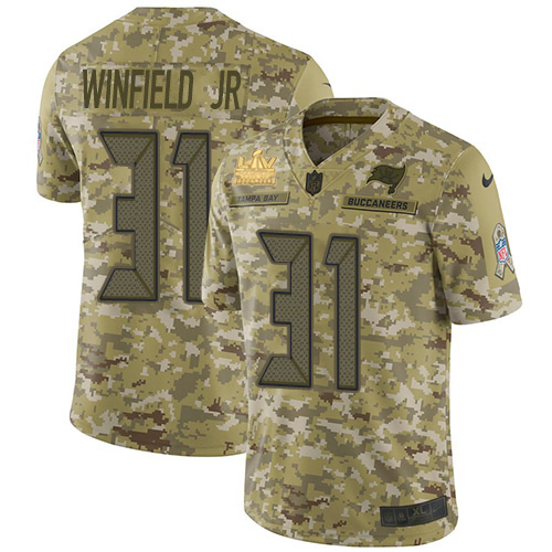 Personalized Buccaneers #31 Antoine Winfield Jr. Camo Men’s Super Bowl LV Champions Patch Stitched NFL Limited 2018 Salute To Service Jersey